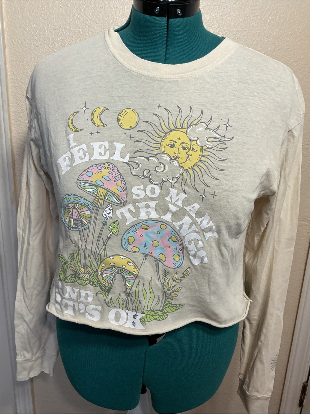 Cold Crush Cream Long-Sleeve Graphic Tee with Pastel Mushroom, Moon & Sun